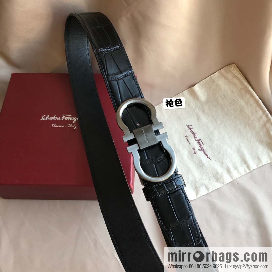 Ferragamo Ferragamo, Double Circle Metal Clip Crocodile Textured Belt
