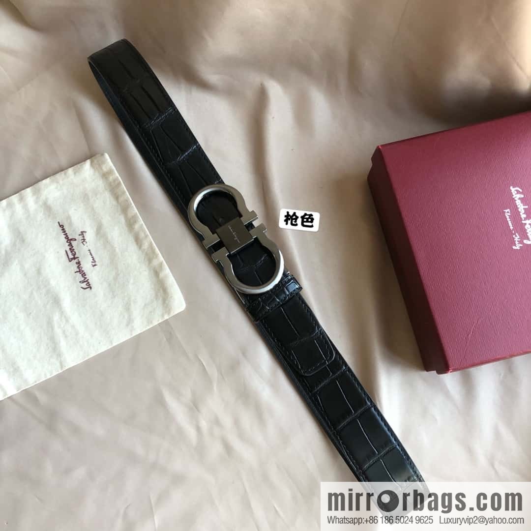 Ferragamo Ferragamo, Double Circle Metal Clip Crocodile Textured Belt
