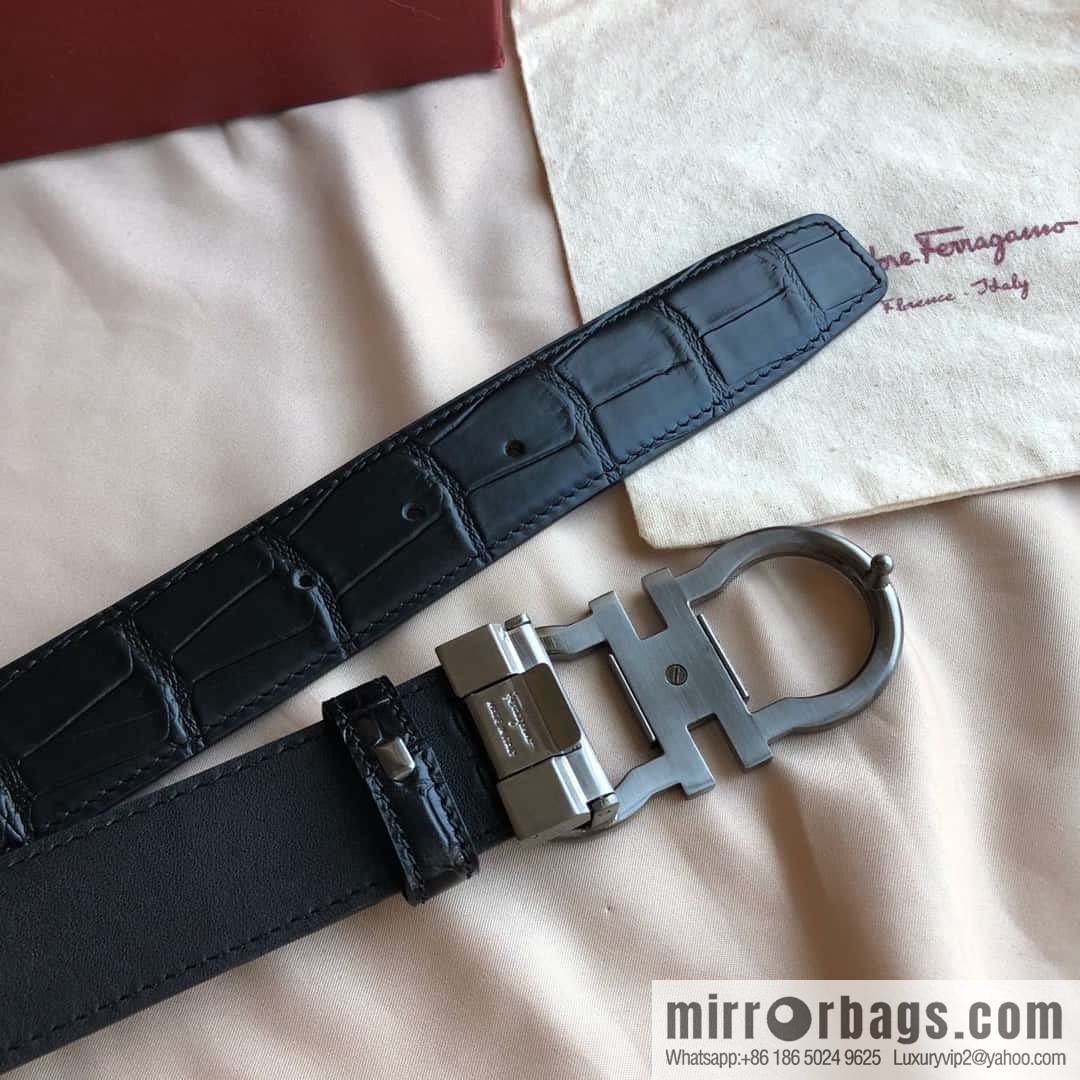 Ferragamo Ferragamo, Double Circle Metal Clip Crocodile Textured Belt