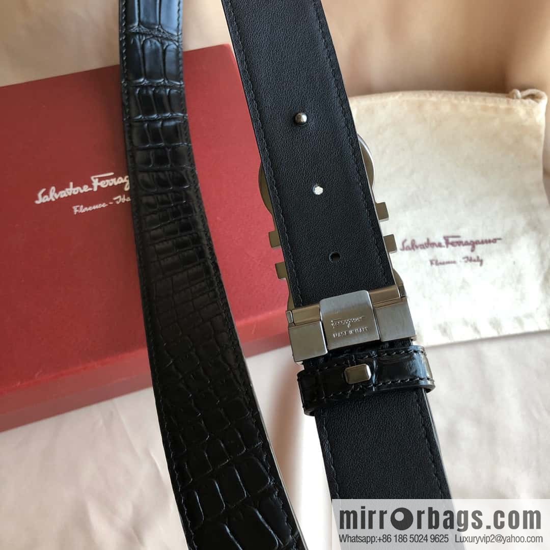 Ferragamo Ferragamo, Double Circle Metal Clip Crocodile Textured Belt