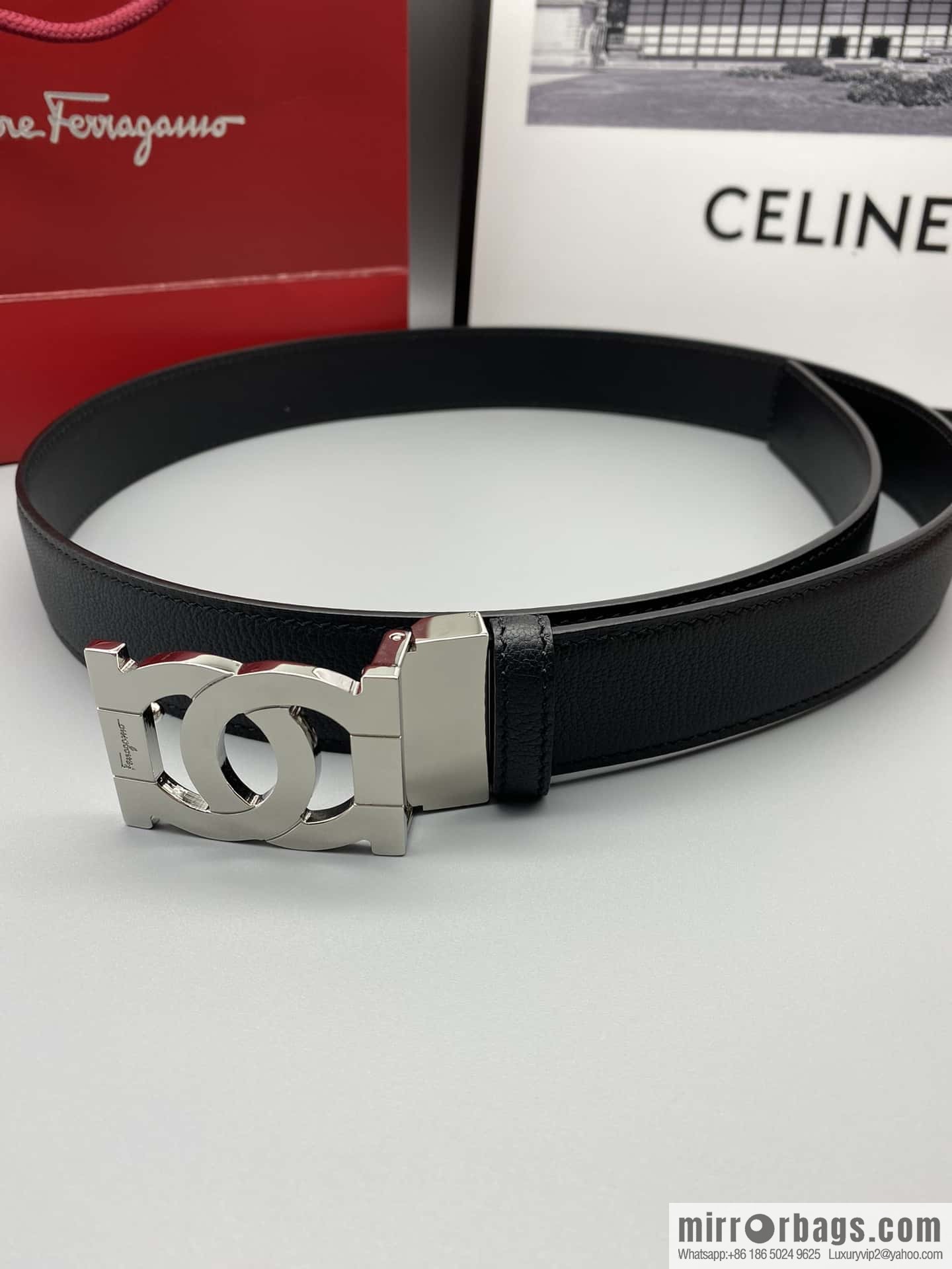 Ferragamo Ferragamo, fine metal clasp, double-sided first-layer cowhide sheep texture belt 3.5CM