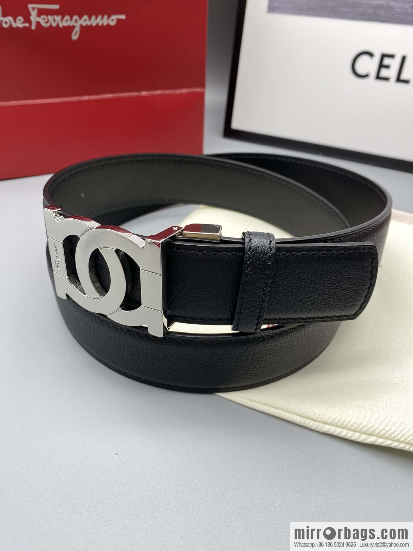 Ferragamo Ferragamo, fine metal clasp, double-sided first-layer cowhide sheep texture belt 3.5CM