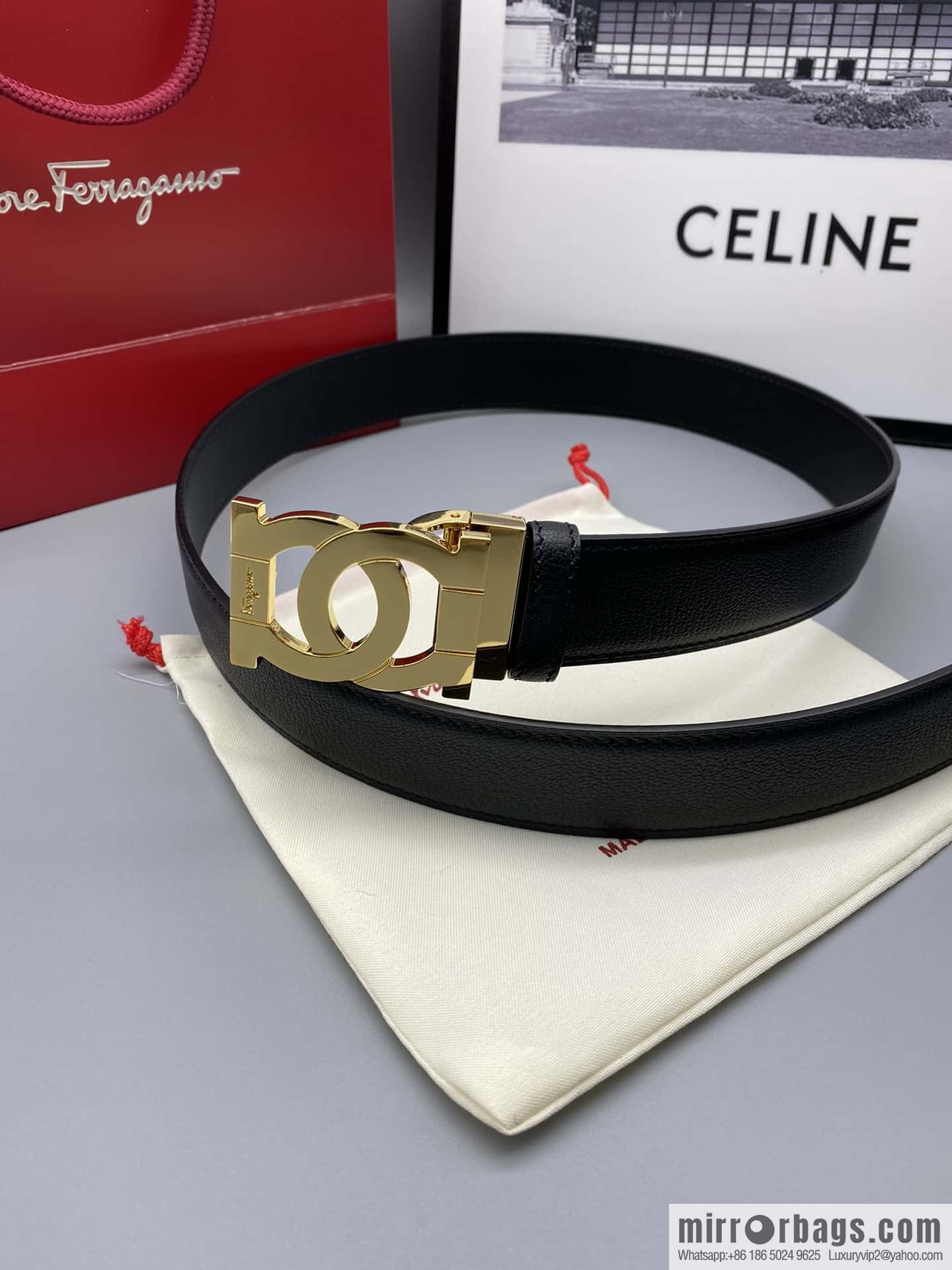 Ferragamo Ferragamo, fine metal clasp, double-sided first-layer cowhide sheep texture belt 3.5CM