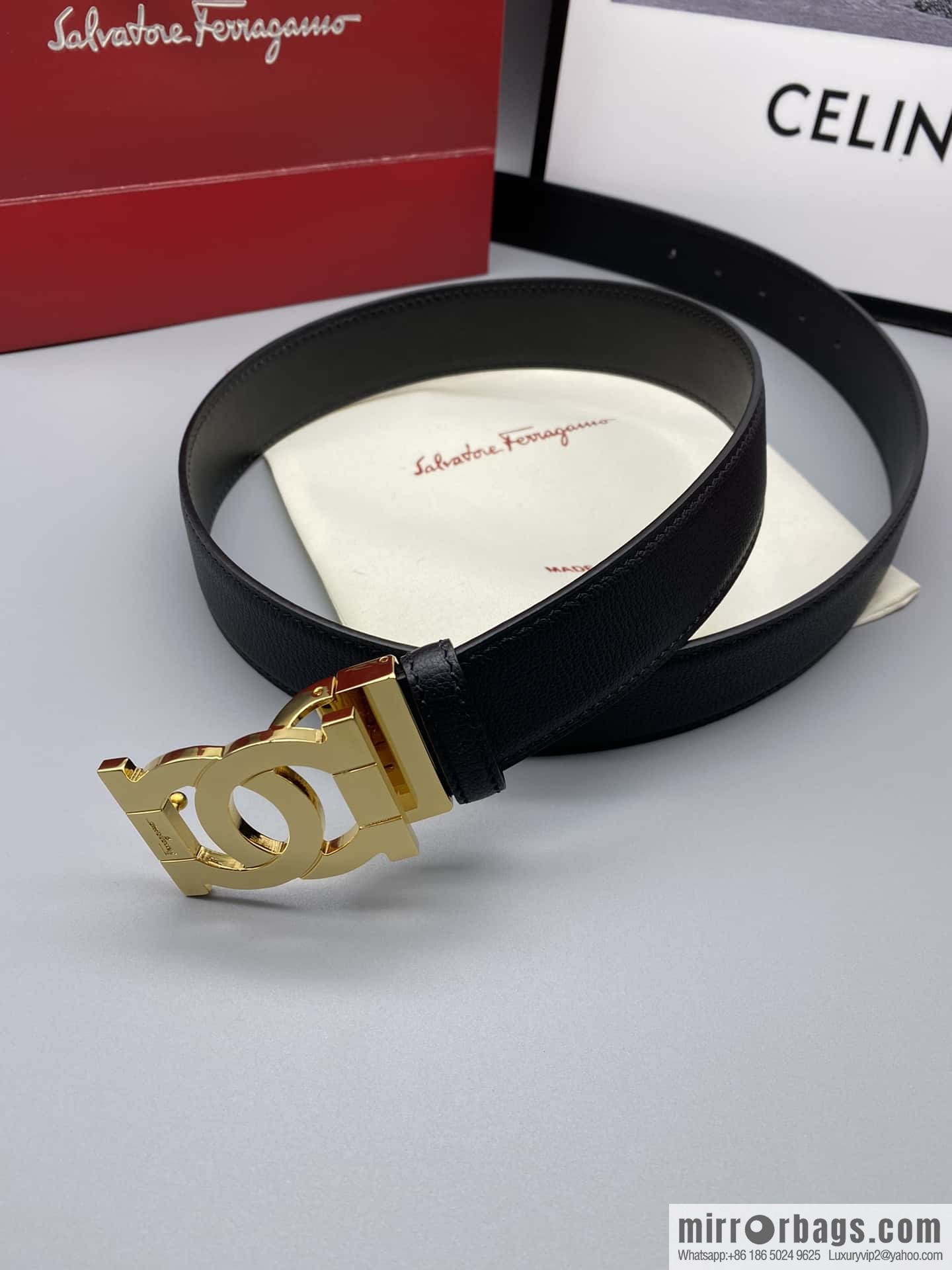 Ferragamo Ferragamo, fine metal clasp, double-sided first-layer cowhide sheep texture belt 3.5CM