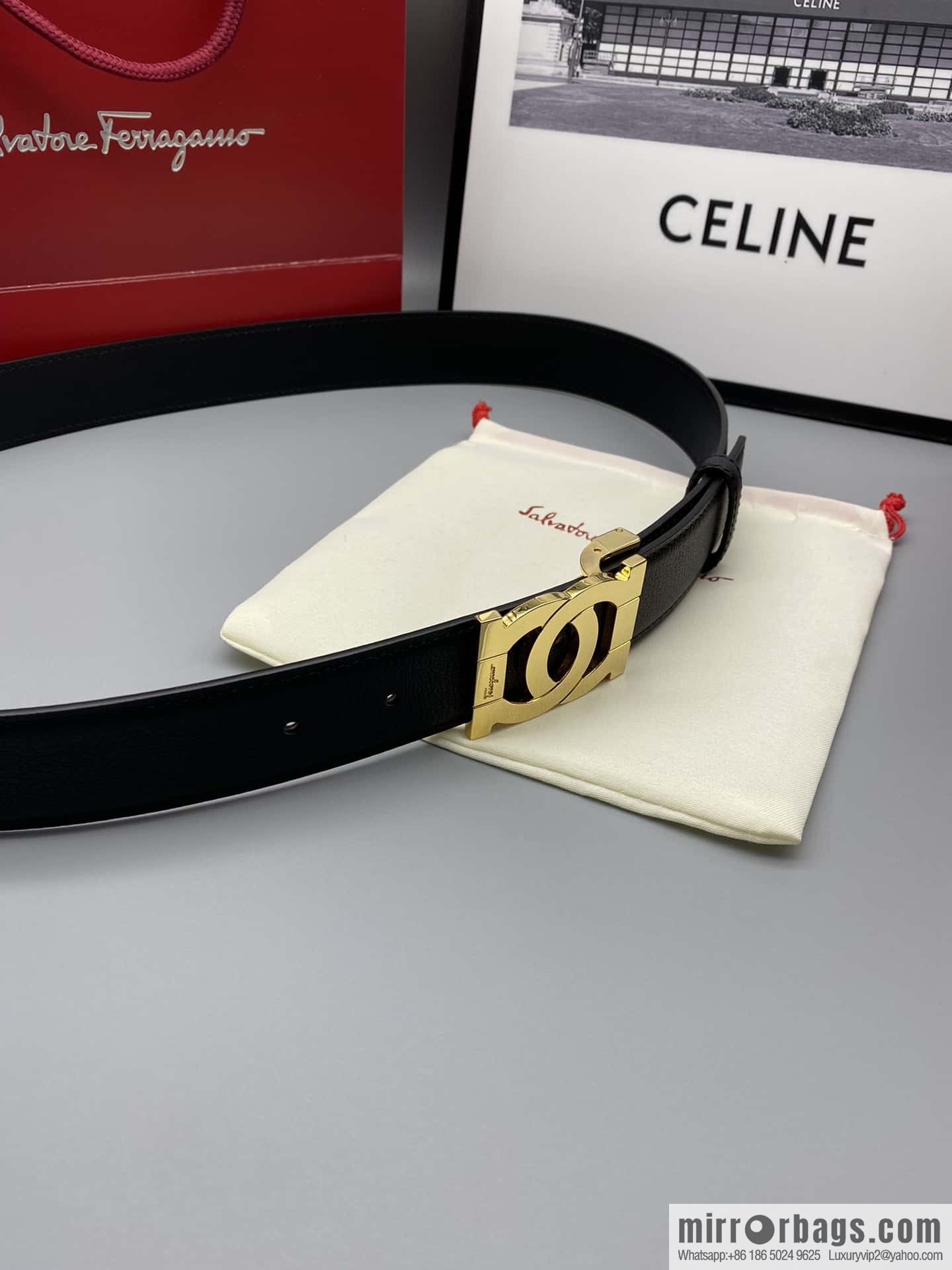 Ferragamo Ferragamo, fine metal clasp, double-sided first-layer cowhide sheep texture belt 3.5CM