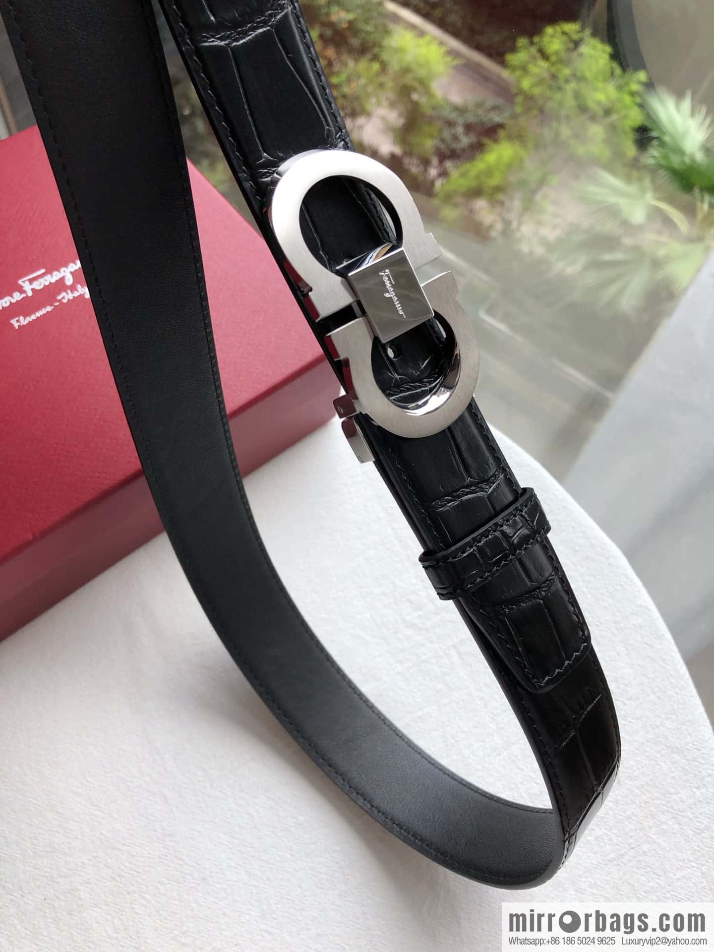 Ferragamo Ferragamo, Boutique Double Circle Metal Buckle, Crocodile Textured Men's Belt 3.5cm