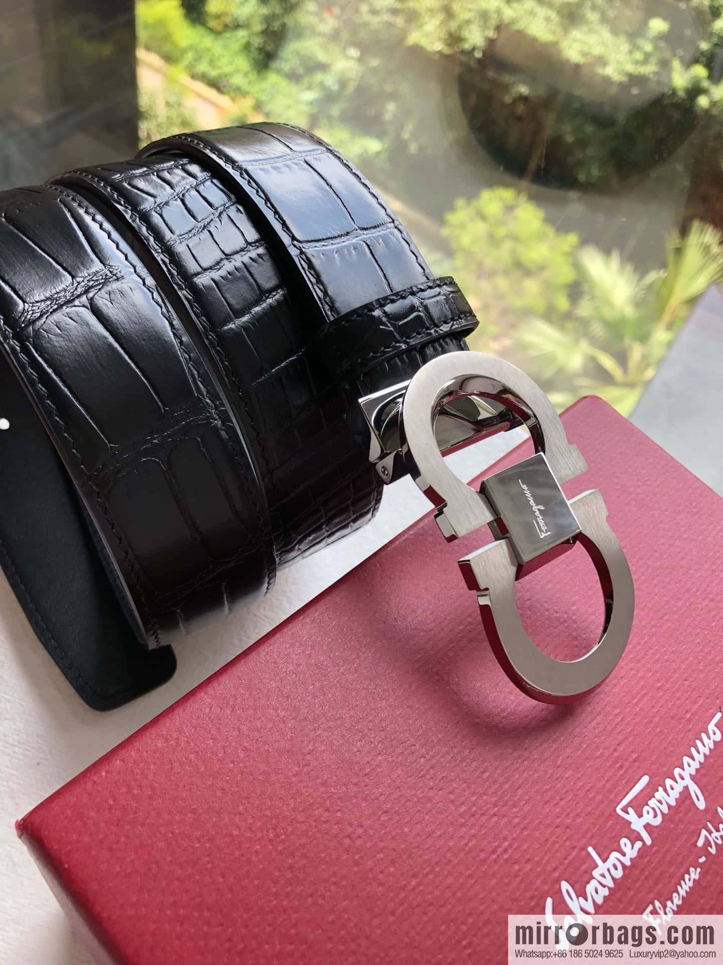 Ferragamo Ferragamo, Boutique Double Circle Metal Buckle, Crocodile Textured Men's Belt 3.5cm