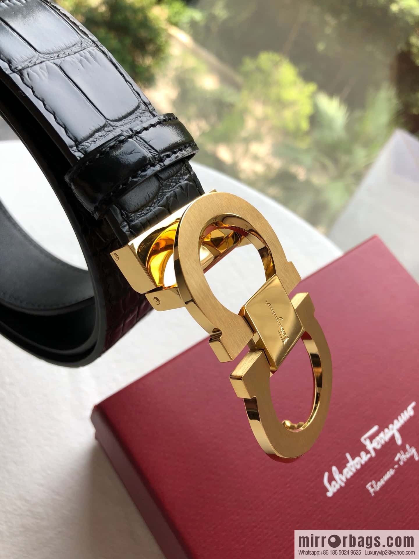 Ferragamo Ferragamo, Boutique Double Circle Metal Buckle, Crocodile Textured Men's Belt 3.5cm