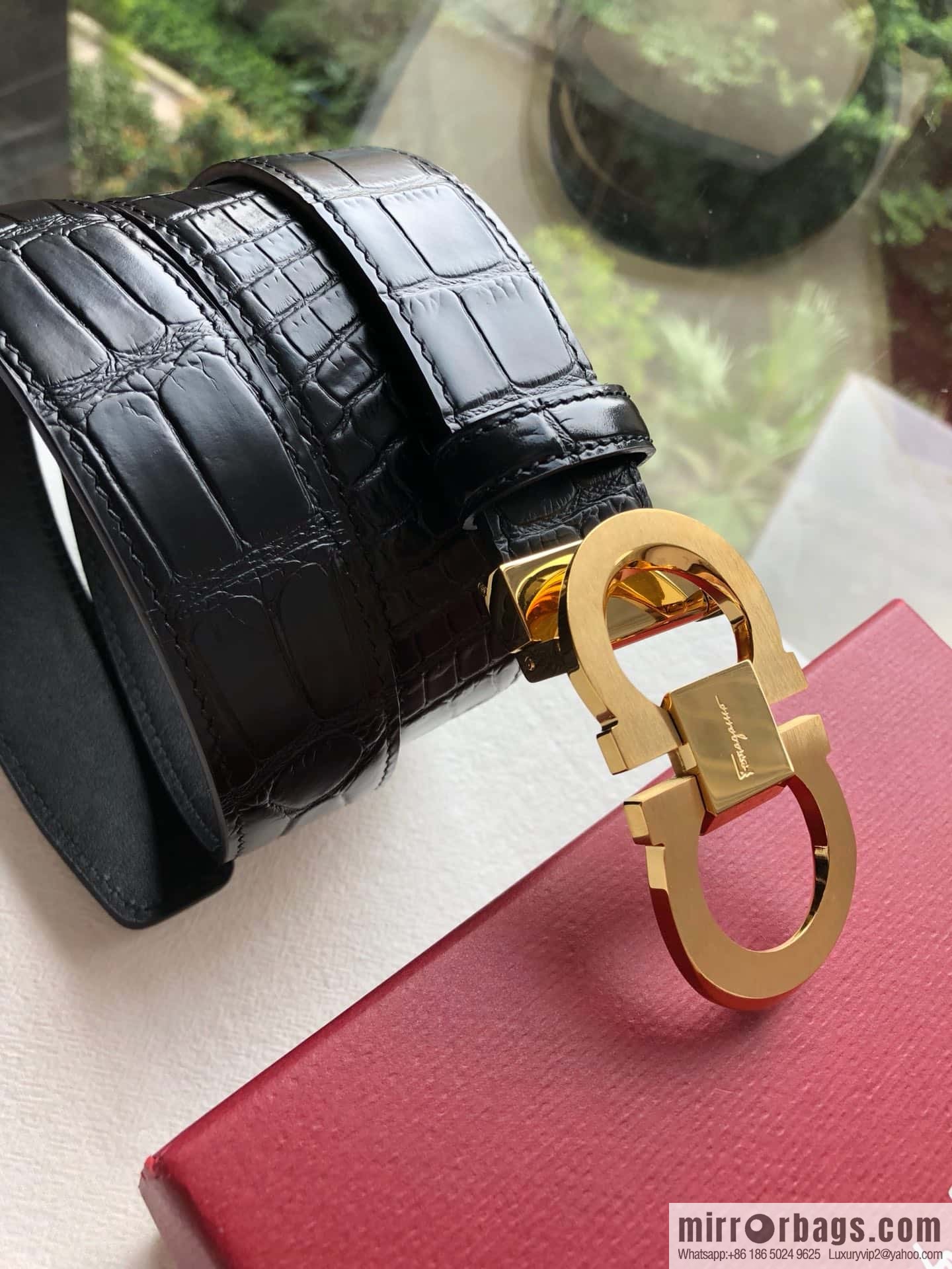 Ferragamo Ferragamo, Boutique Double Circle Metal Buckle, Crocodile Textured Men's Belt 3.5cm