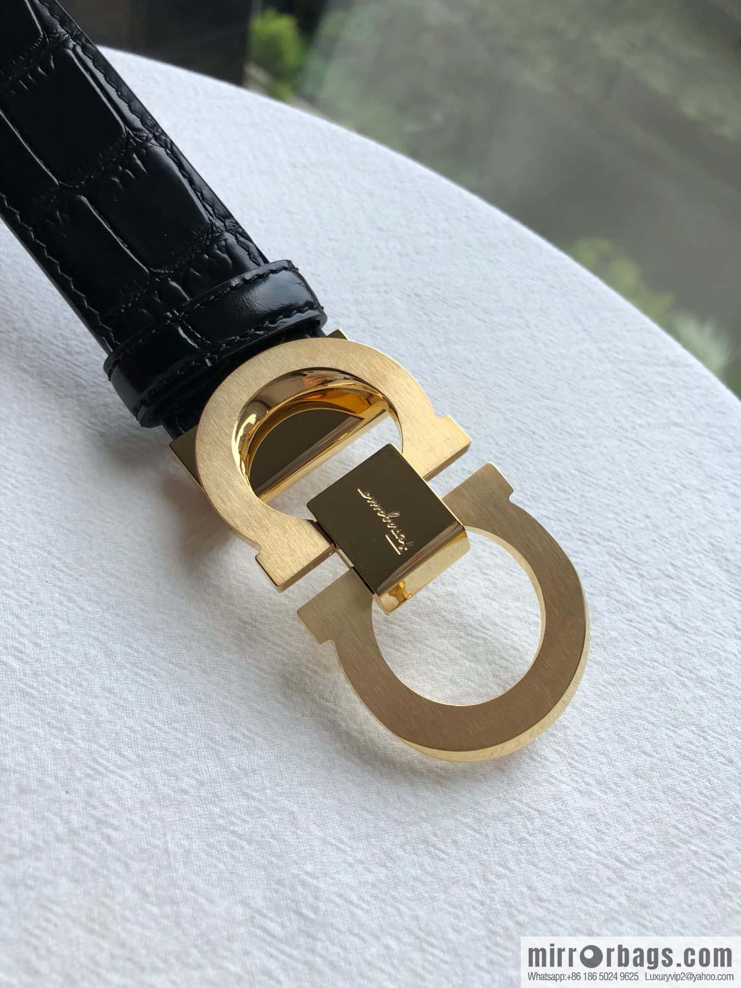 Ferragamo Ferragamo, Boutique Double Circle Metal Buckle, Crocodile Textured Men's Belt 3.5cm