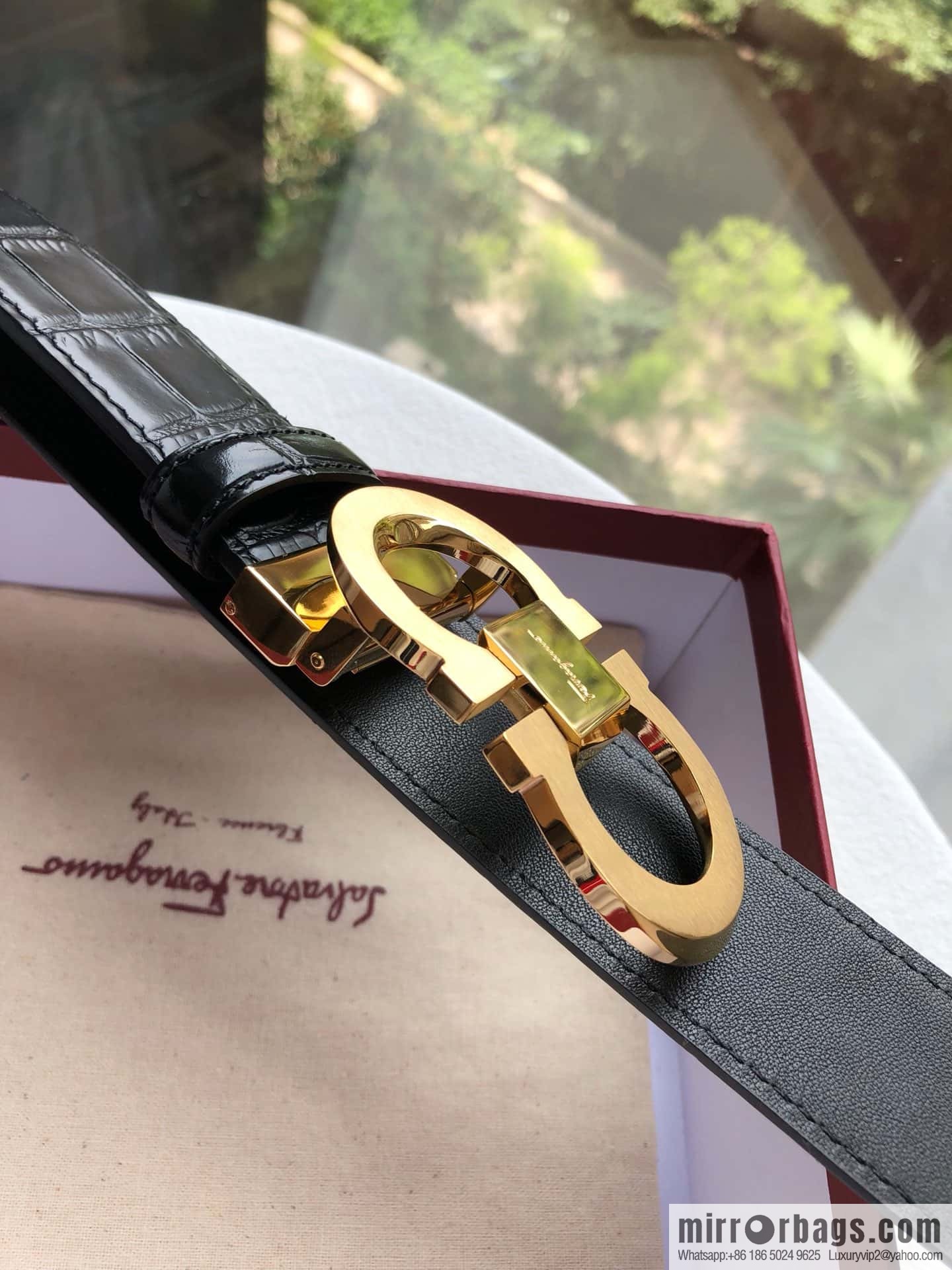 Ferragamo Ferragamo, Boutique Double Circle Metal Buckle, Crocodile Textured Men's Belt 3.5cm