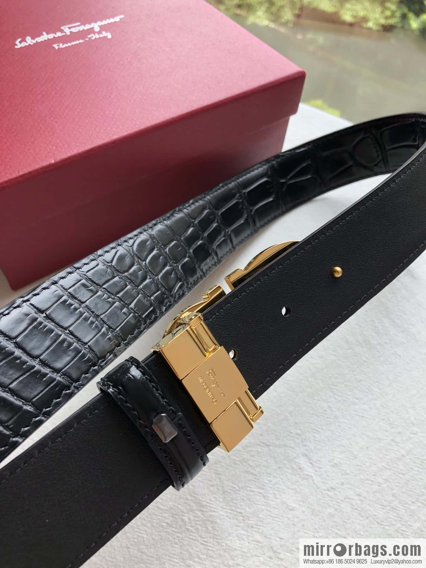 Ferragamo Ferragamo, Boutique Double Circle Metal Buckle, Crocodile Textured Men's Belt 3.5cm