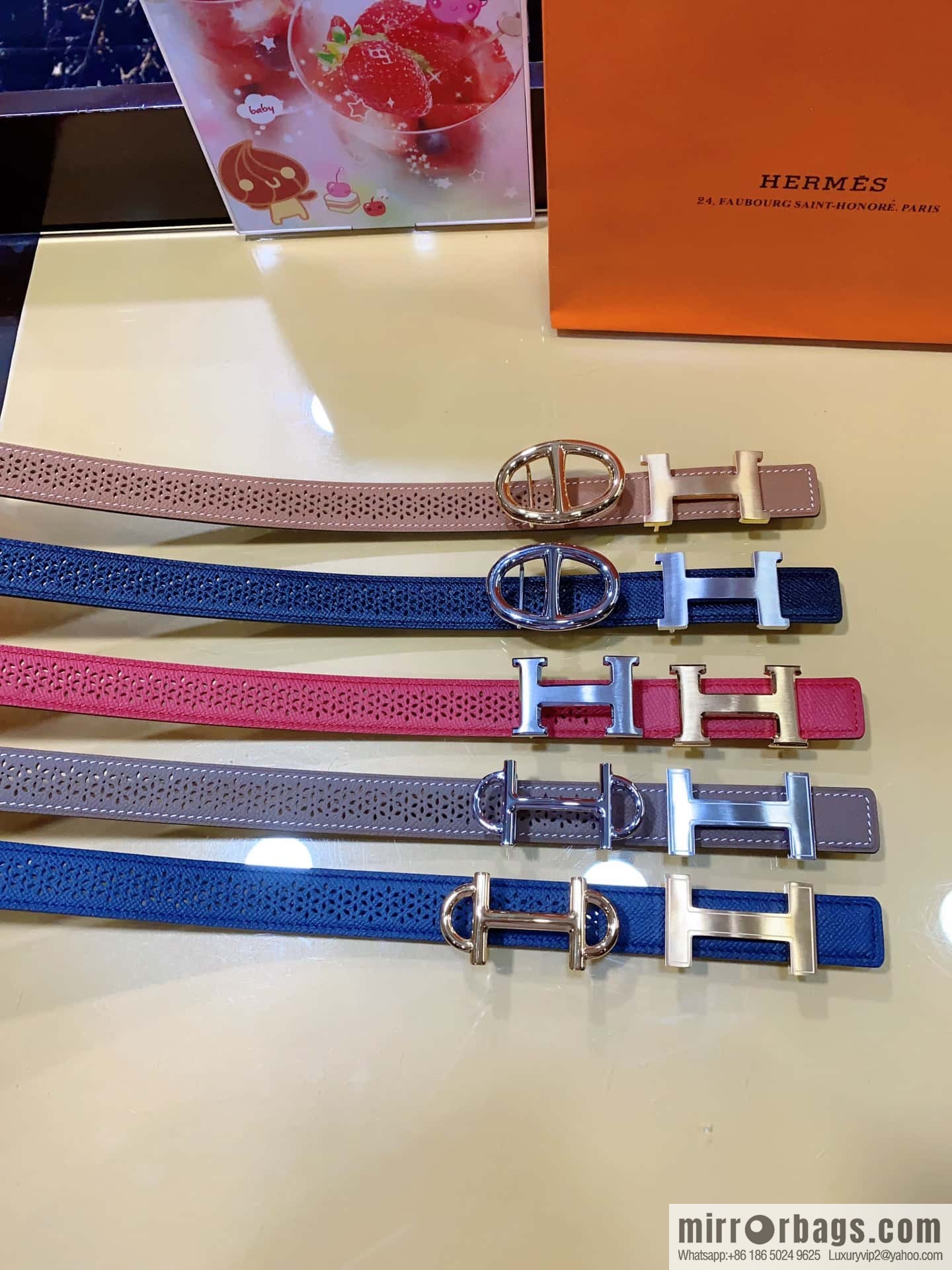 Hermes, mini metal buckle, colorful leather belt 2.4CM