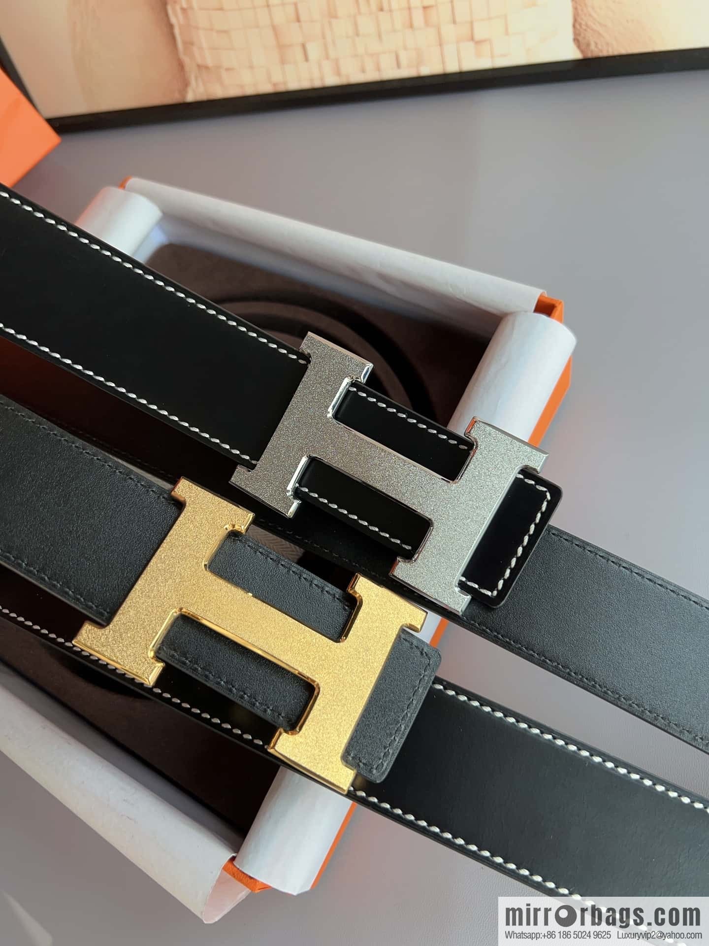 Hermes, stainless steel metal rolling sand process, double-sided cowhide belt 3.8cm