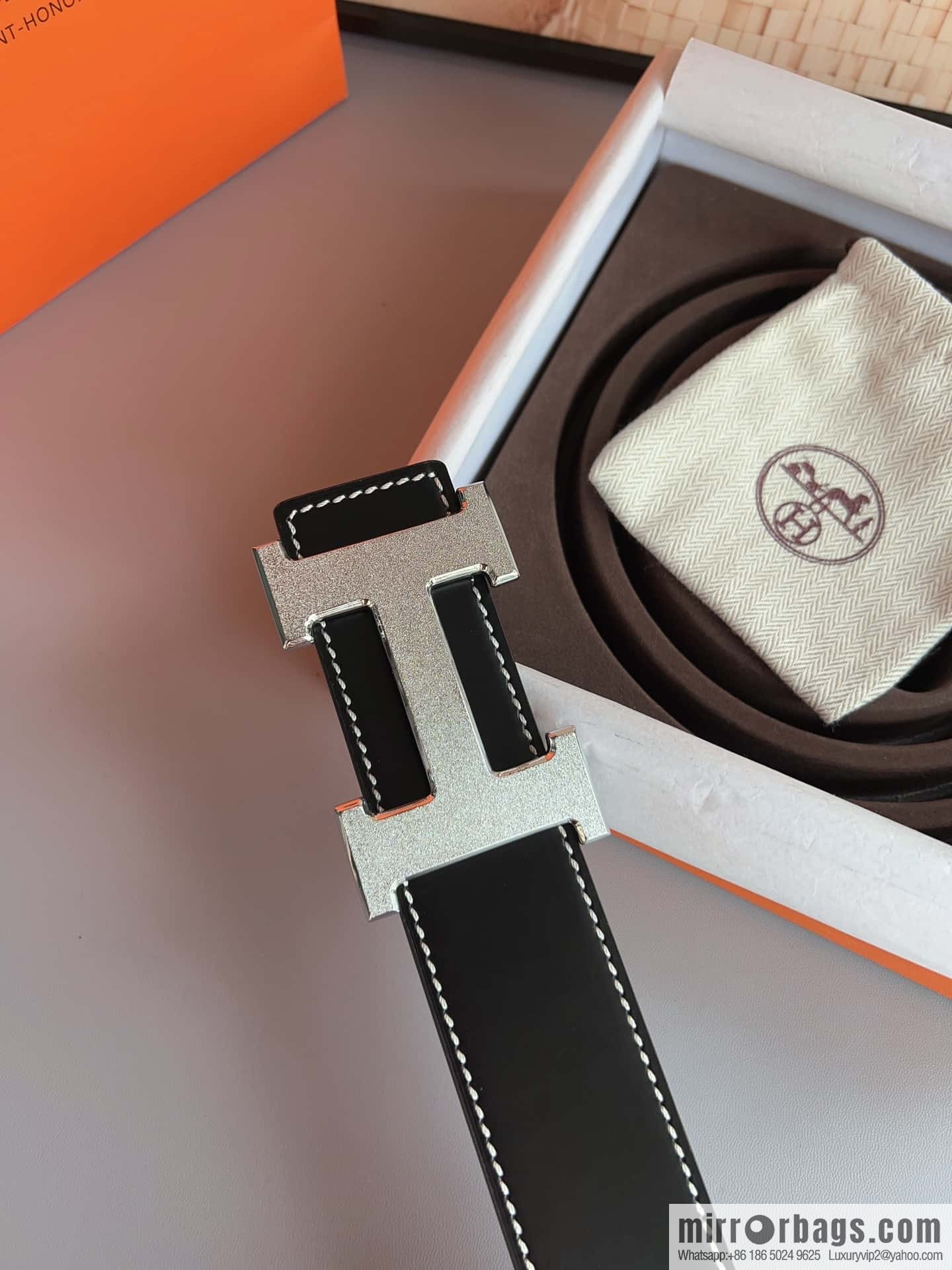 Hermes, stainless steel metal rolling sand process, double-sided cowhide belt 3.8cm