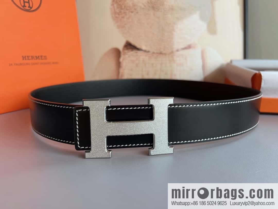 Hermes, stainless steel metal rolling sand process, double-sided cowhide belt 3.8cm