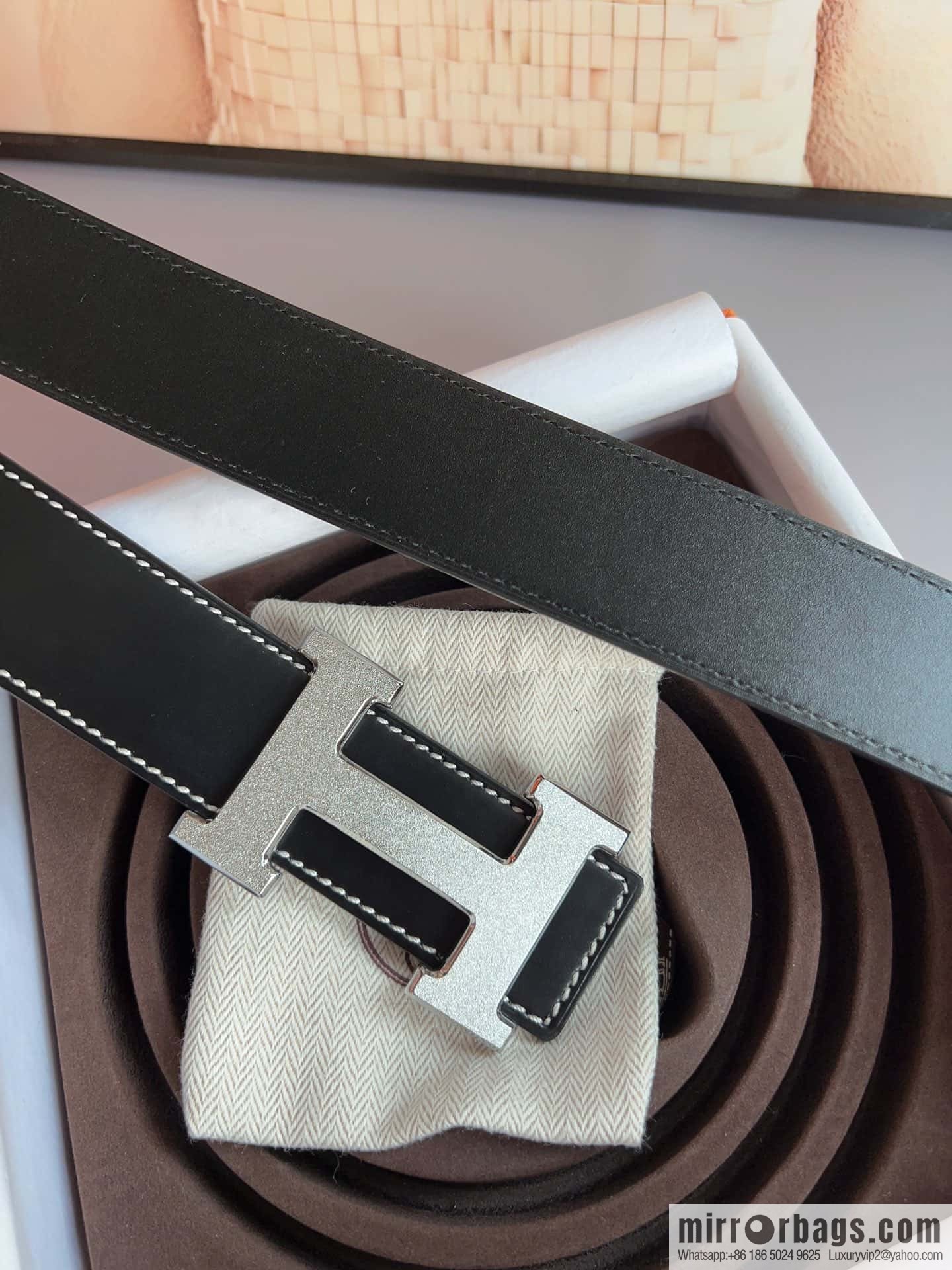 Hermes, stainless steel metal rolling sand process, double-sided cowhide belt 3.8cm