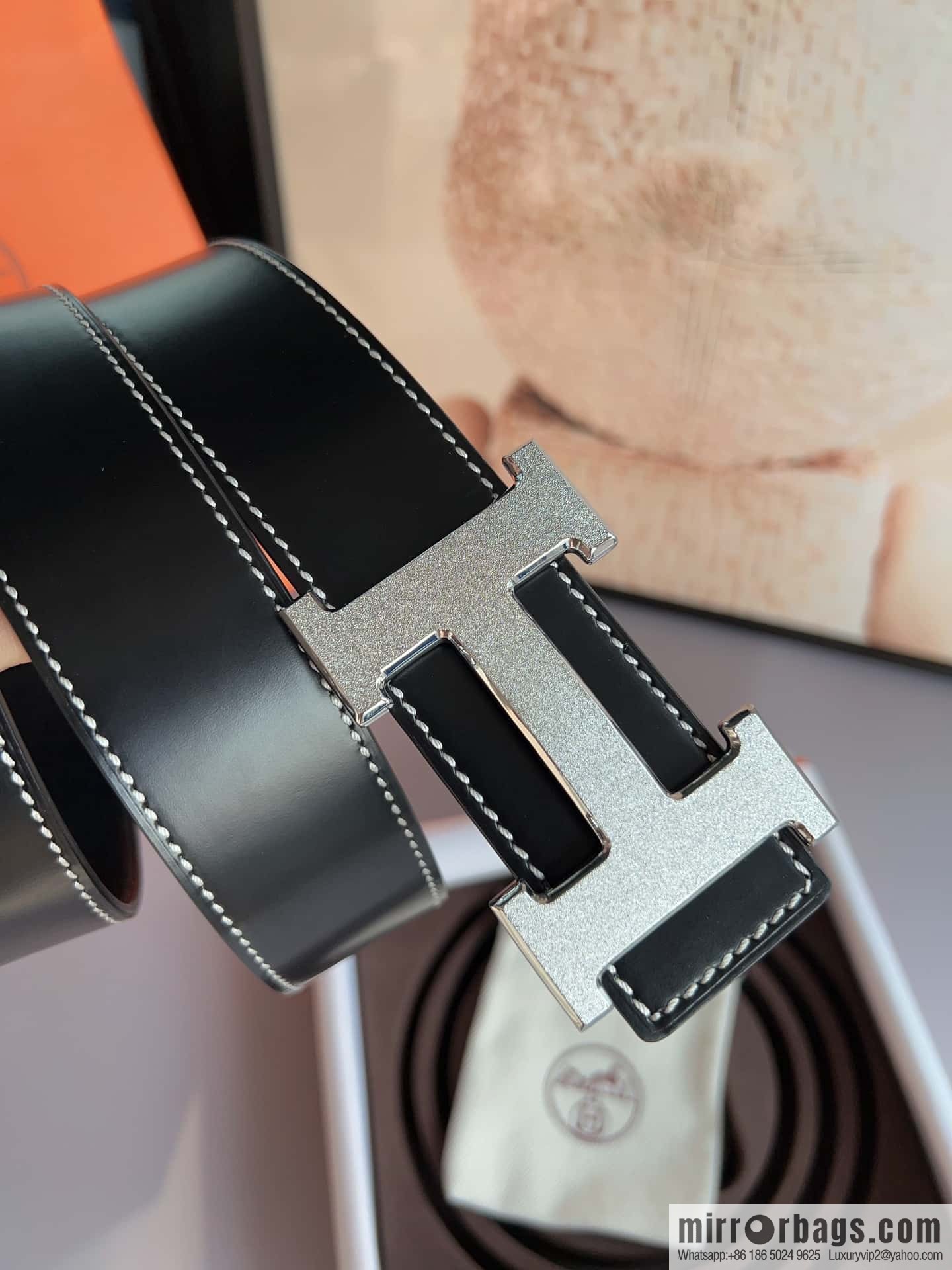 Hermes, stainless steel metal rolling sand process, double-sided cowhide belt 3.8cm