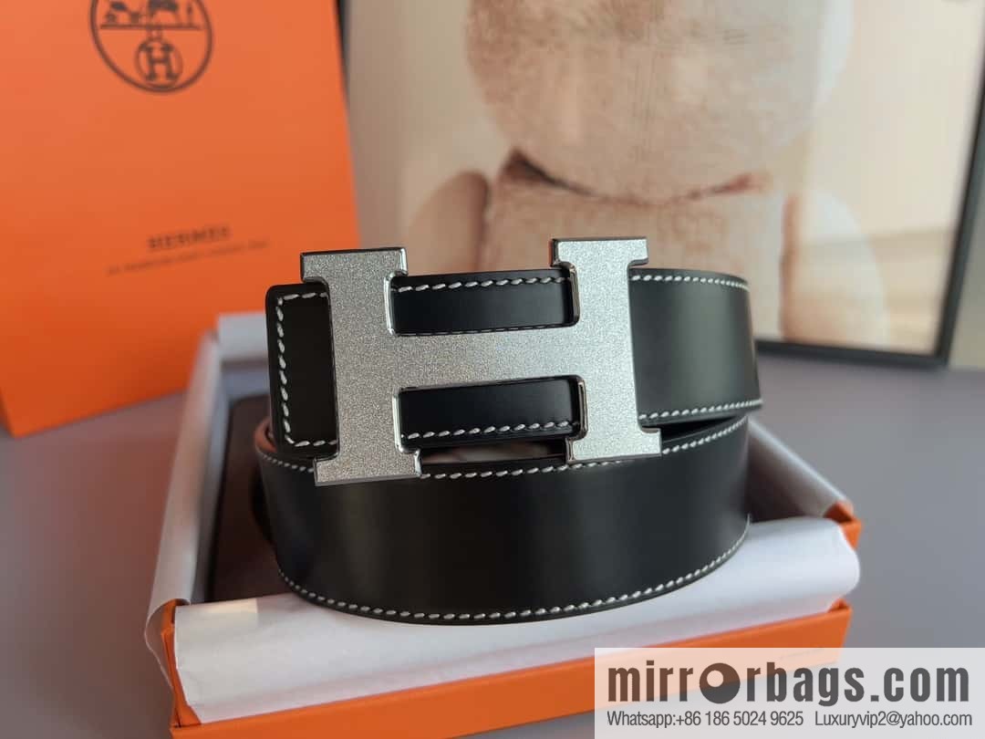 Hermes, stainless steel metal rolling sand process, double-sided cowhide belt 3.8cm