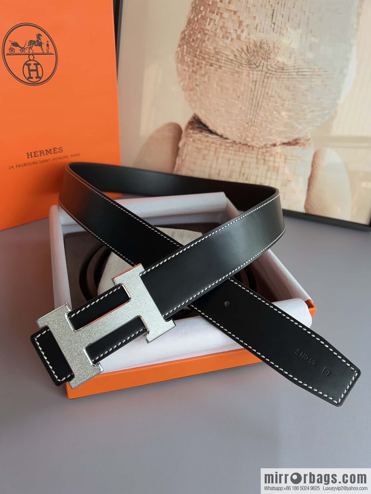 Hermes, stainless steel metal rolling sand process, double-sided cowhide belt 3.8cm