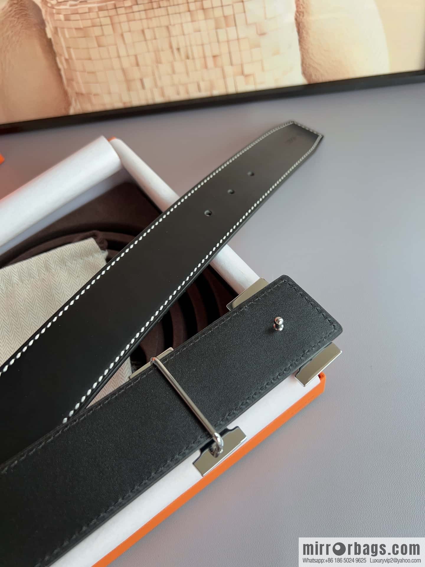 Hermes, stainless steel metal rolling sand process, double-sided cowhide belt 3.8cm