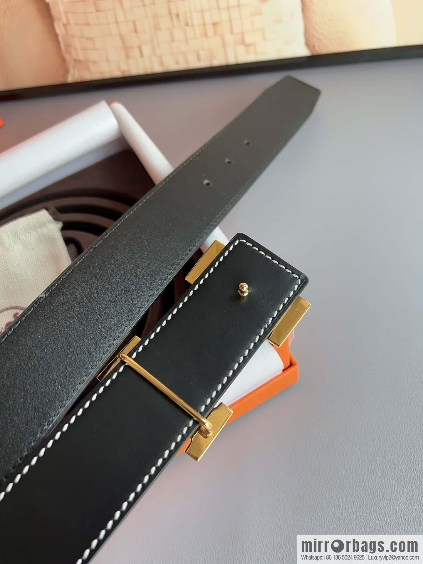 Hermes, stainless steel metal rolling sand process, double-sided cowhide belt 3.8cm