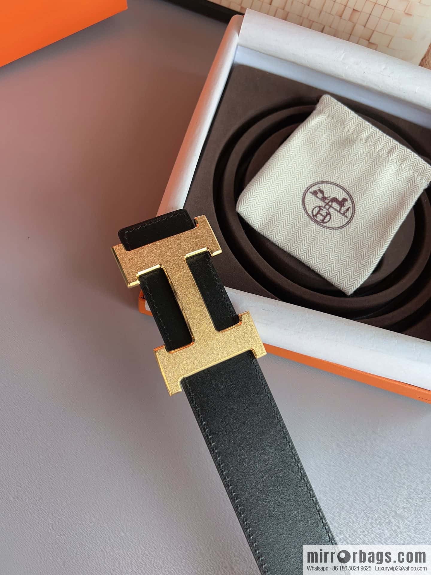Hermes, stainless steel metal rolling sand process, double-sided cowhide belt 3.8cm