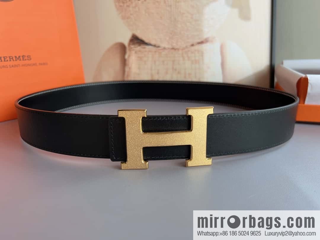 Hermes, stainless steel metal rolling sand process, double-sided cowhide belt 3.8cm