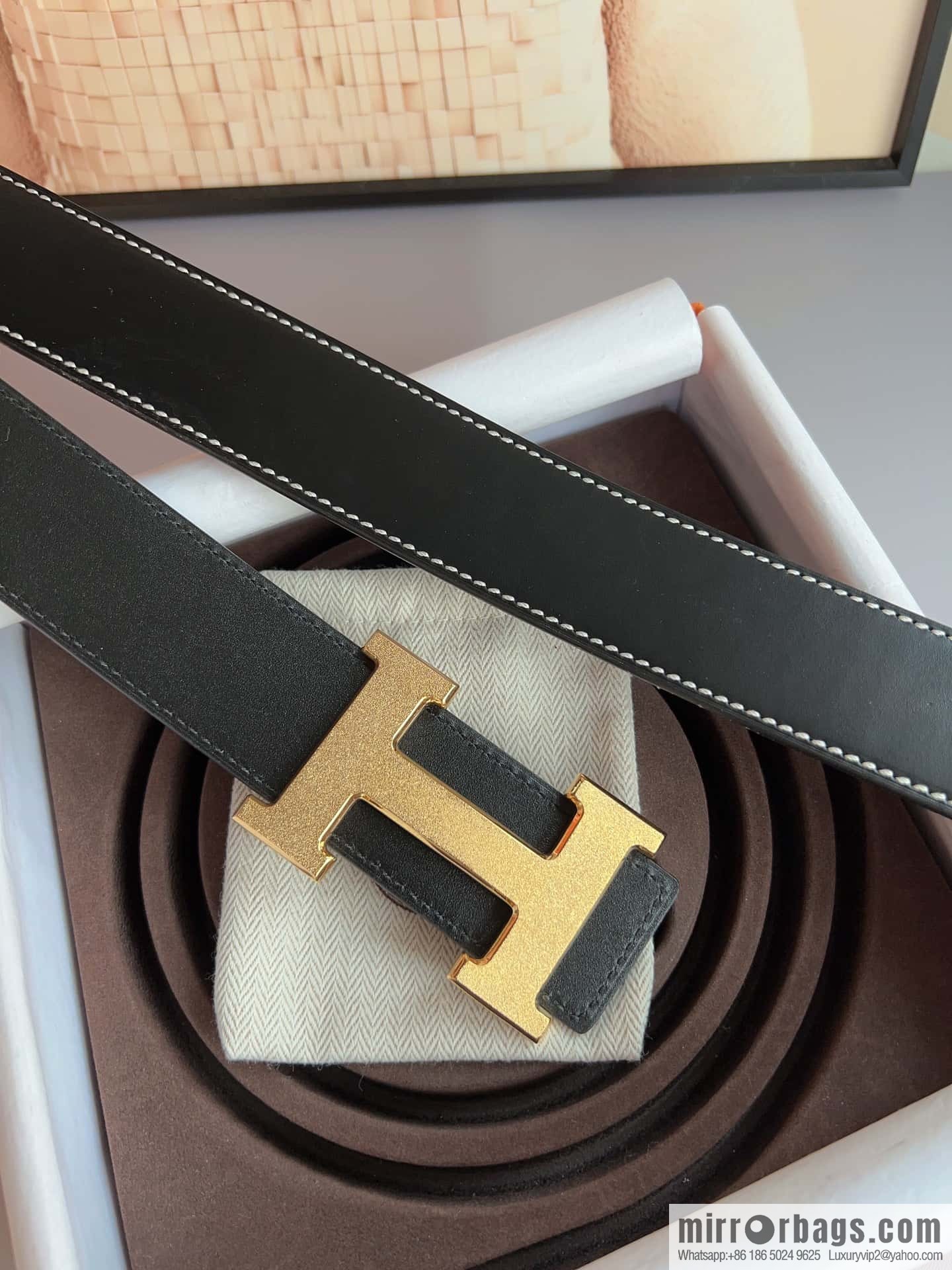 Hermes, stainless steel metal rolling sand process, double-sided cowhide belt 3.8cm