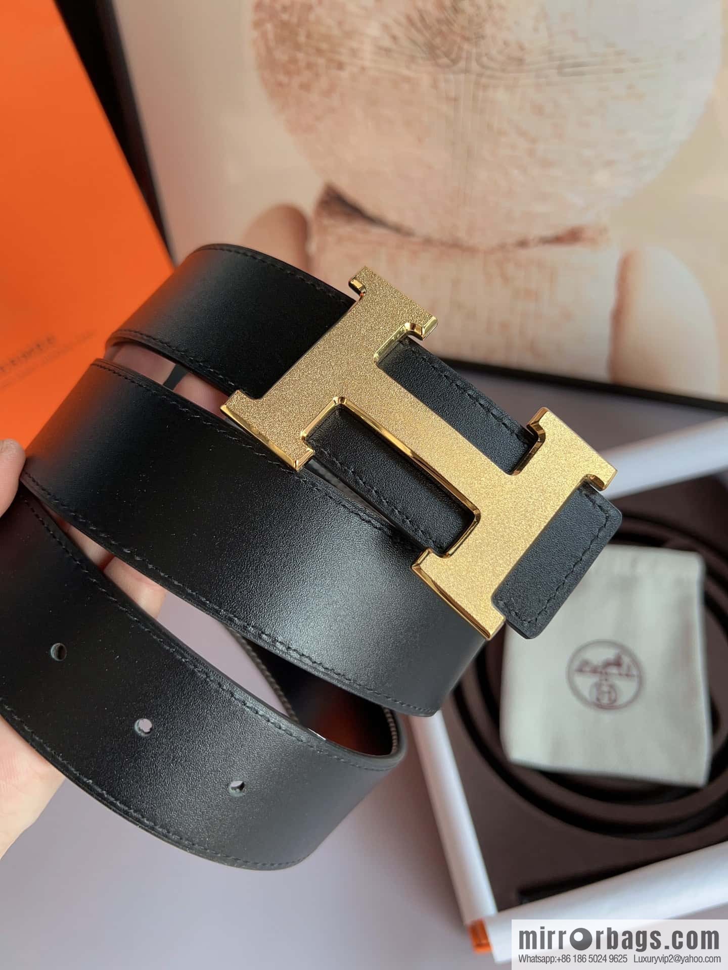 Hermes, stainless steel metal rolling sand process, double-sided cowhide belt 3.8cm