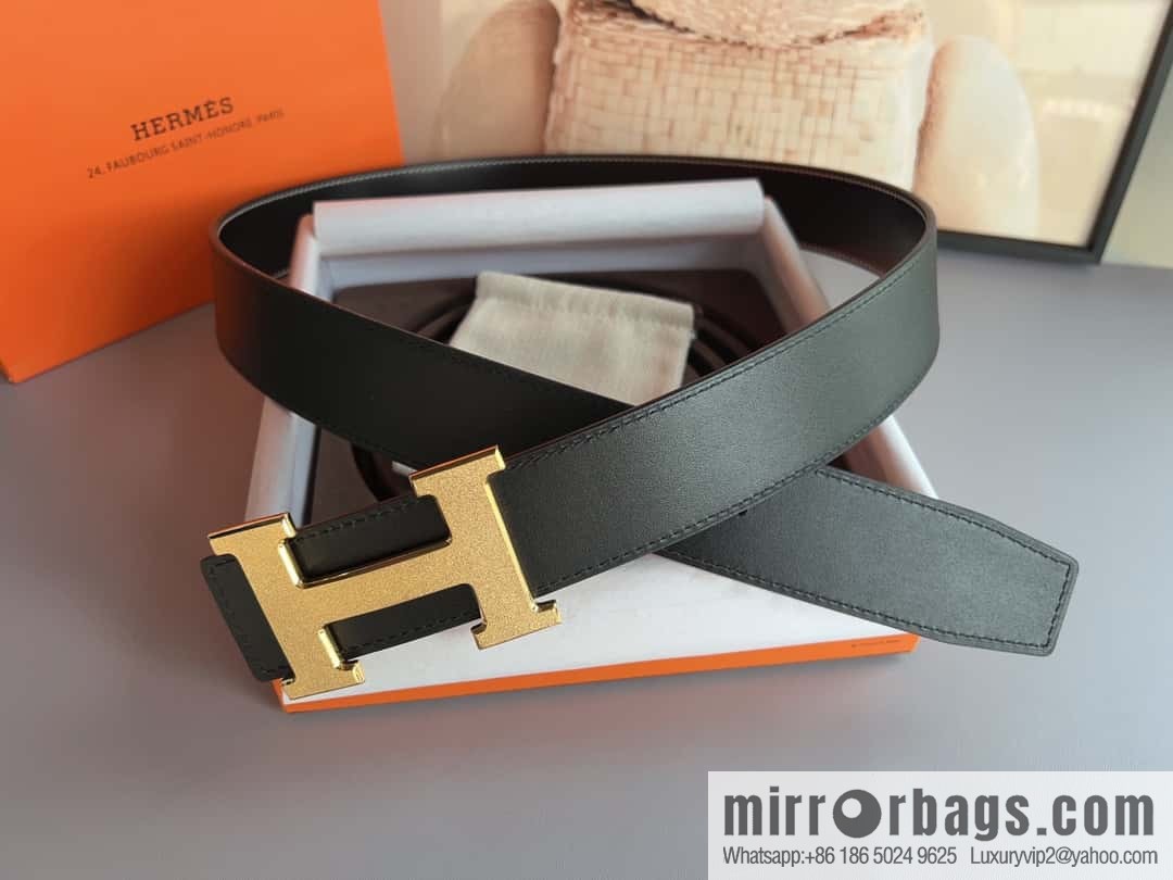 Hermes, stainless steel metal rolling sand process, double-sided cowhide belt 3.8cm
