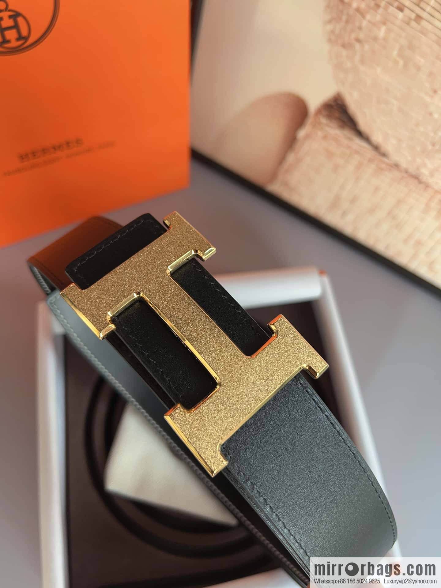 Hermes, stainless steel metal rolling sand process, double-sided cowhide belt 3.8cm