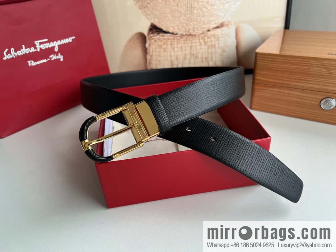 Ferragamo Ferragamo, acrylic black threaded element metal buckle, first layer cowhide belt 3.5CM