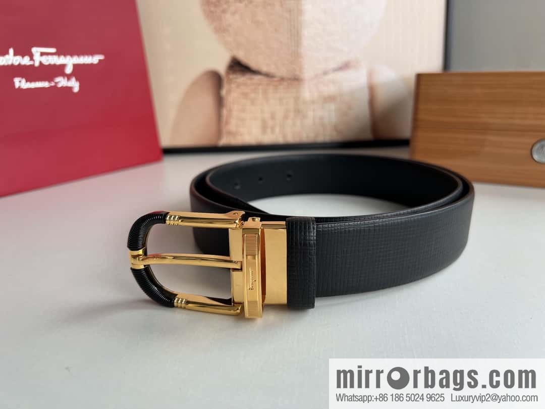 Ferragamo Ferragamo, acrylic black threaded element metal buckle, first layer cowhide belt 3.5CM