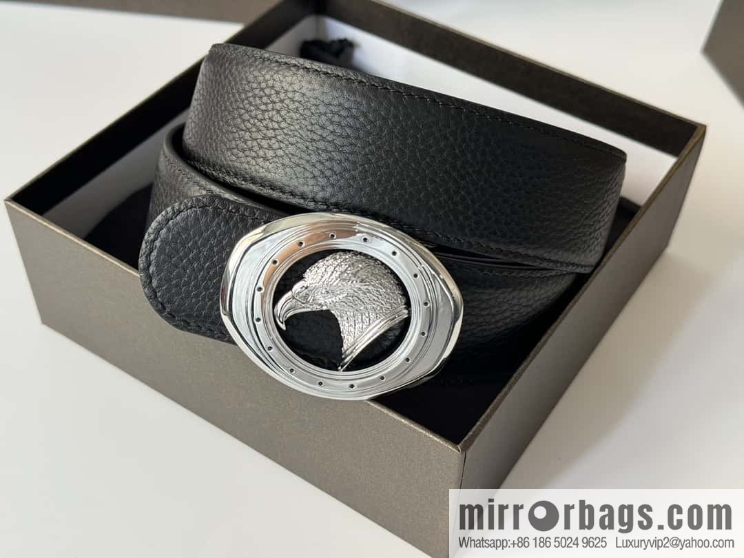 Stefano Ricci Stephen, Stainless Steel Eagle Head Buckle 3.8cm Double Sided Top Cowhide Litchi Pattern Belt