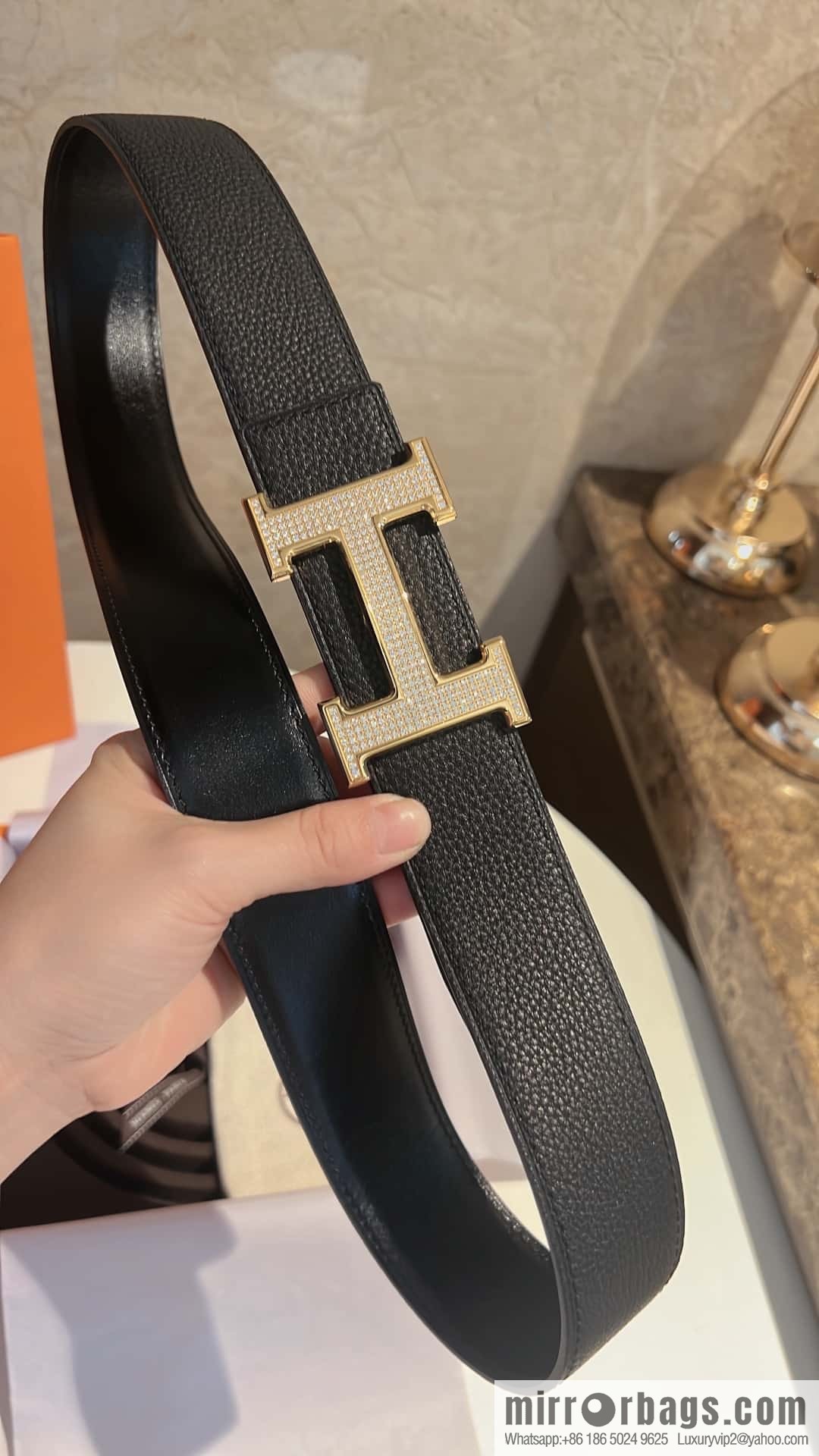 Hermes Hermes, stainless steel inlaid diamond buckle, first layer cowhide lychee texture belt 3.8CM