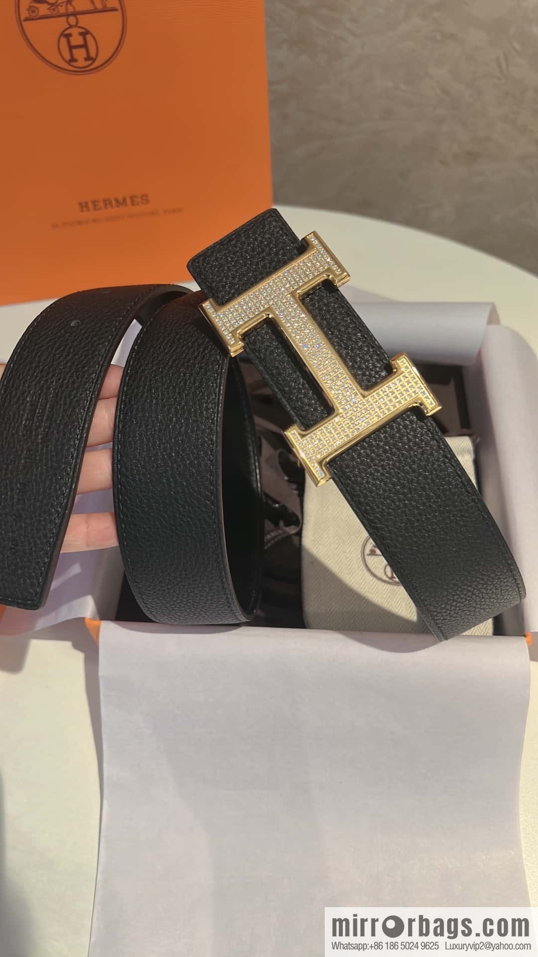 Hermes Hermes, stainless steel inlaid diamond buckle, first layer cowhide lychee texture belt 3.8CM