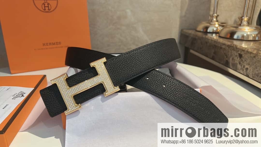 Hermes Hermes, stainless steel inlaid diamond buckle, first layer cowhide lychee texture belt 3.8CM