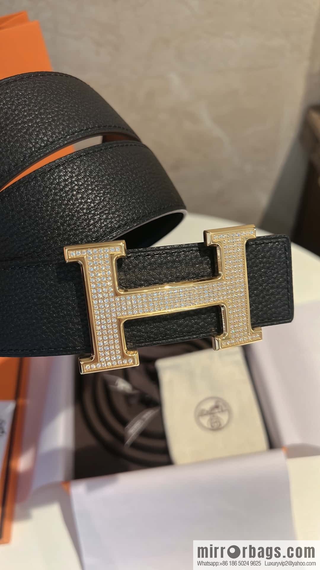 Hermes Hermes, stainless steel inlaid diamond buckle, first layer cowhide lychee texture belt 3.8CM