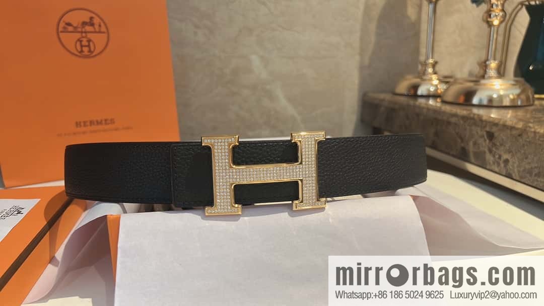 Hermes Hermes, stainless steel inlaid diamond buckle, first layer cowhide lychee texture belt 3.8CM