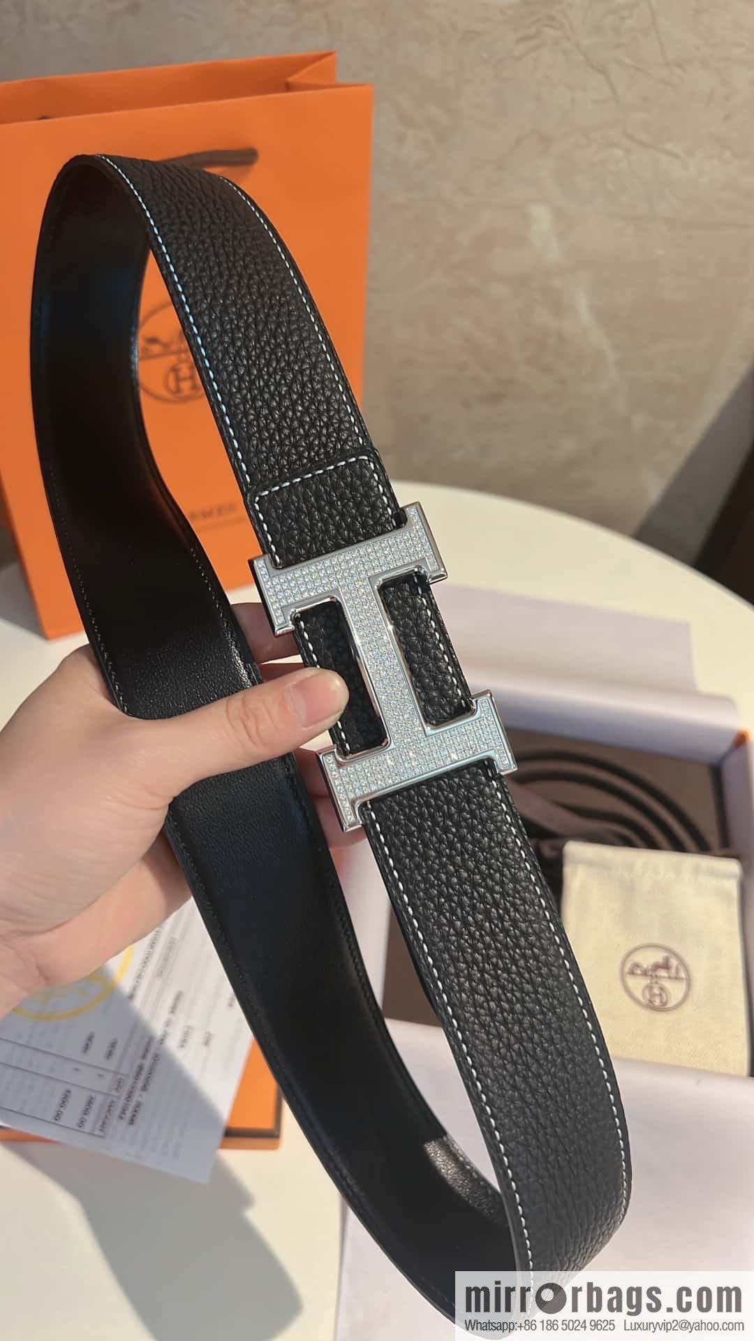 Hermes Hermes, stainless steel inlaid diamond buckle, first layer cowhide lychee texture belt 3.8CM