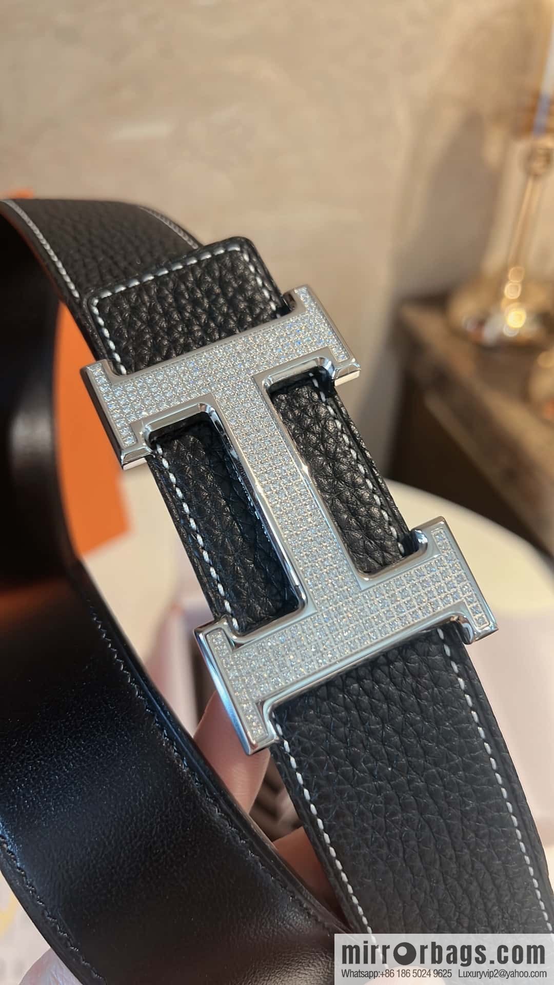 Hermes Hermes, stainless steel inlaid diamond buckle, first layer cowhide lychee texture belt 3.8CM