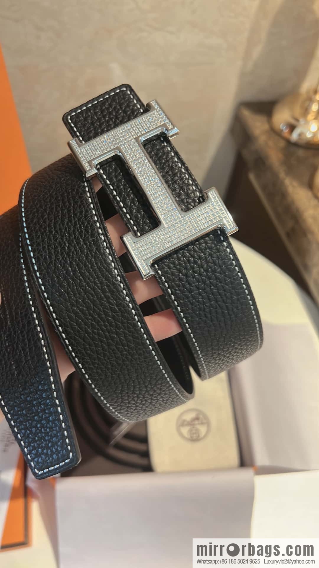 Hermes Hermes, stainless steel inlaid diamond buckle, first layer cowhide lychee texture belt 3.8CM