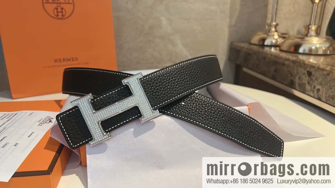 Hermes Hermes, stainless steel inlaid diamond buckle, first layer cowhide lychee texture belt 3.8CM