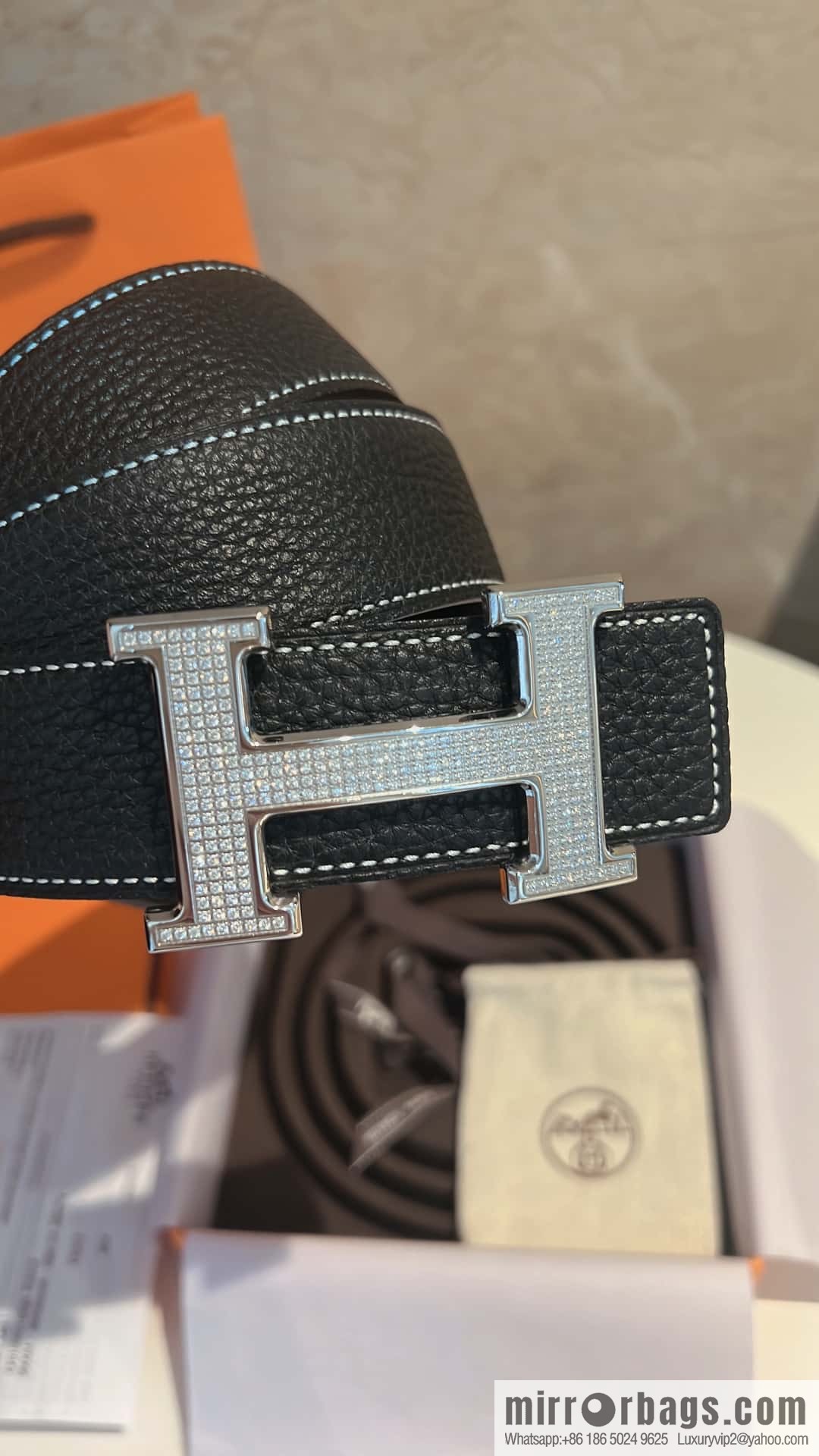 Hermes Hermes, stainless steel inlaid diamond buckle, first layer cowhide lychee texture belt 3.8CM