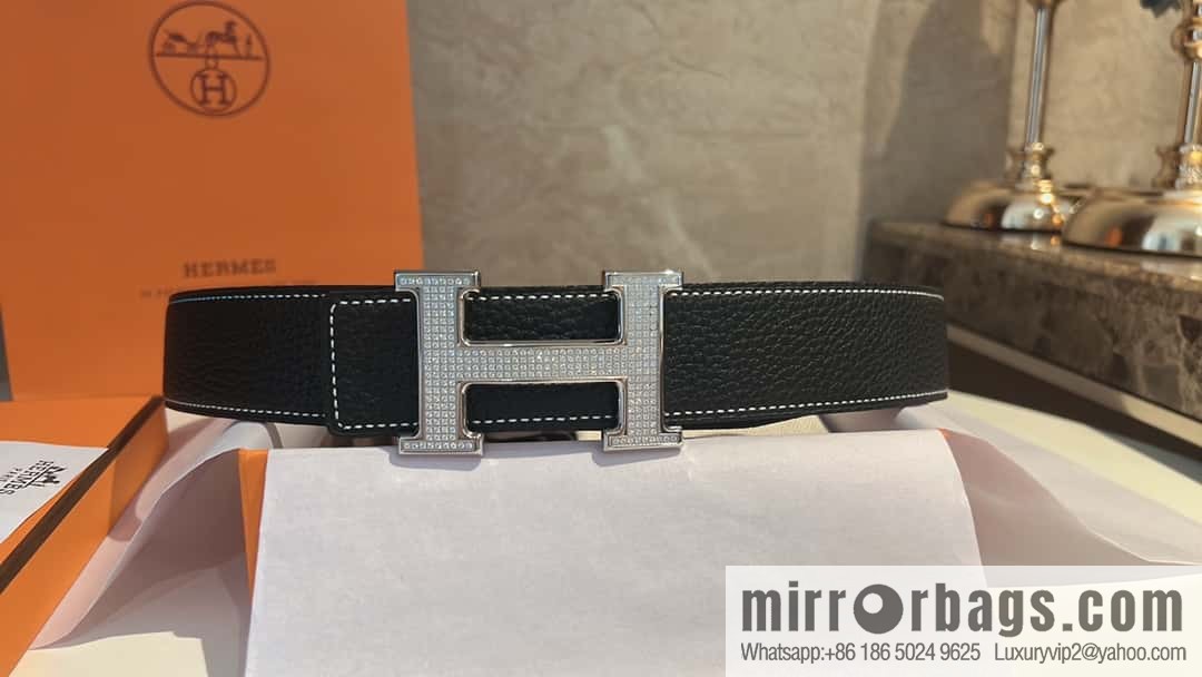 Hermes Hermes, stainless steel inlaid diamond buckle, first layer cowhide lychee texture belt 3.8CM