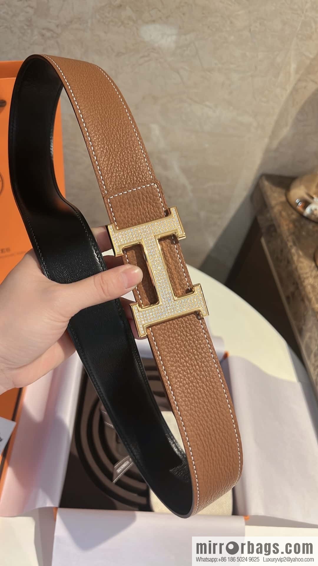 Hermes Hermes, stainless steel inlaid diamond buckle, first layer cowhide lychee texture belt 3.8CM
