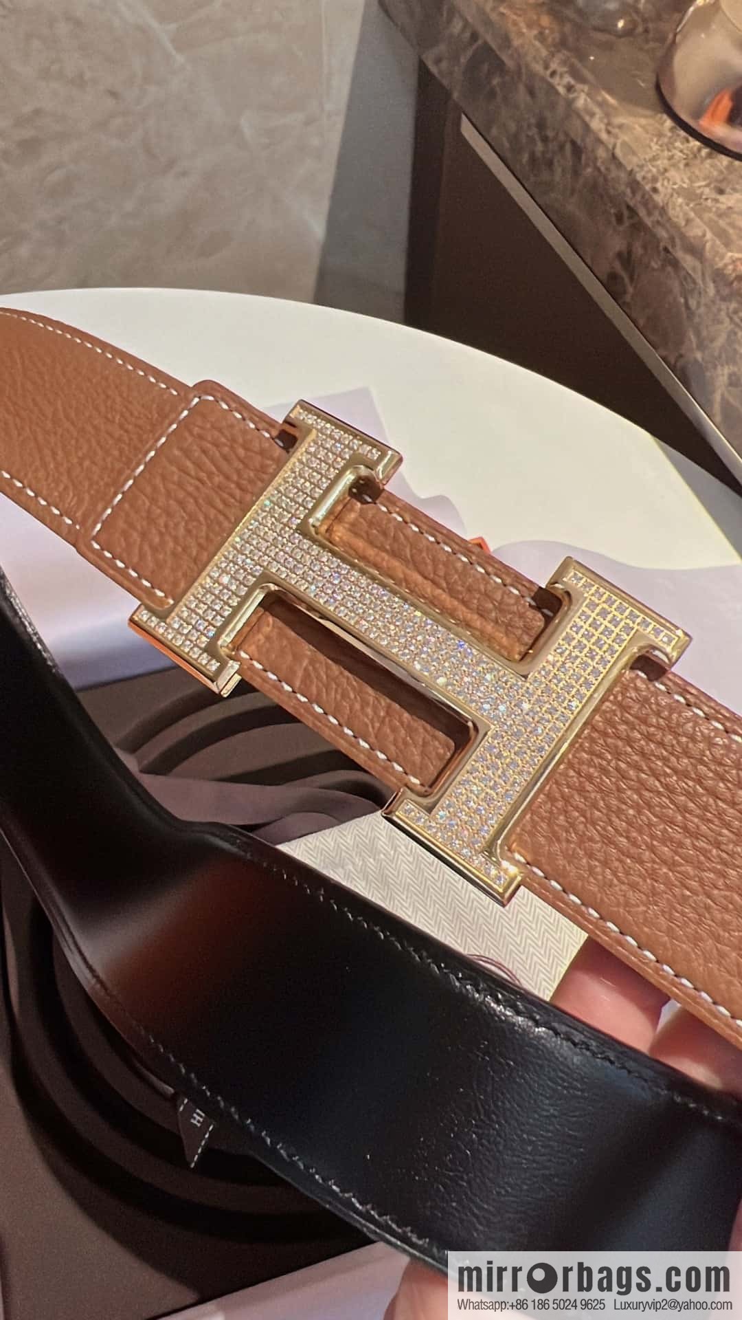 Hermes Hermes, stainless steel inlaid diamond buckle, first layer cowhide lychee texture belt 3.8CM
