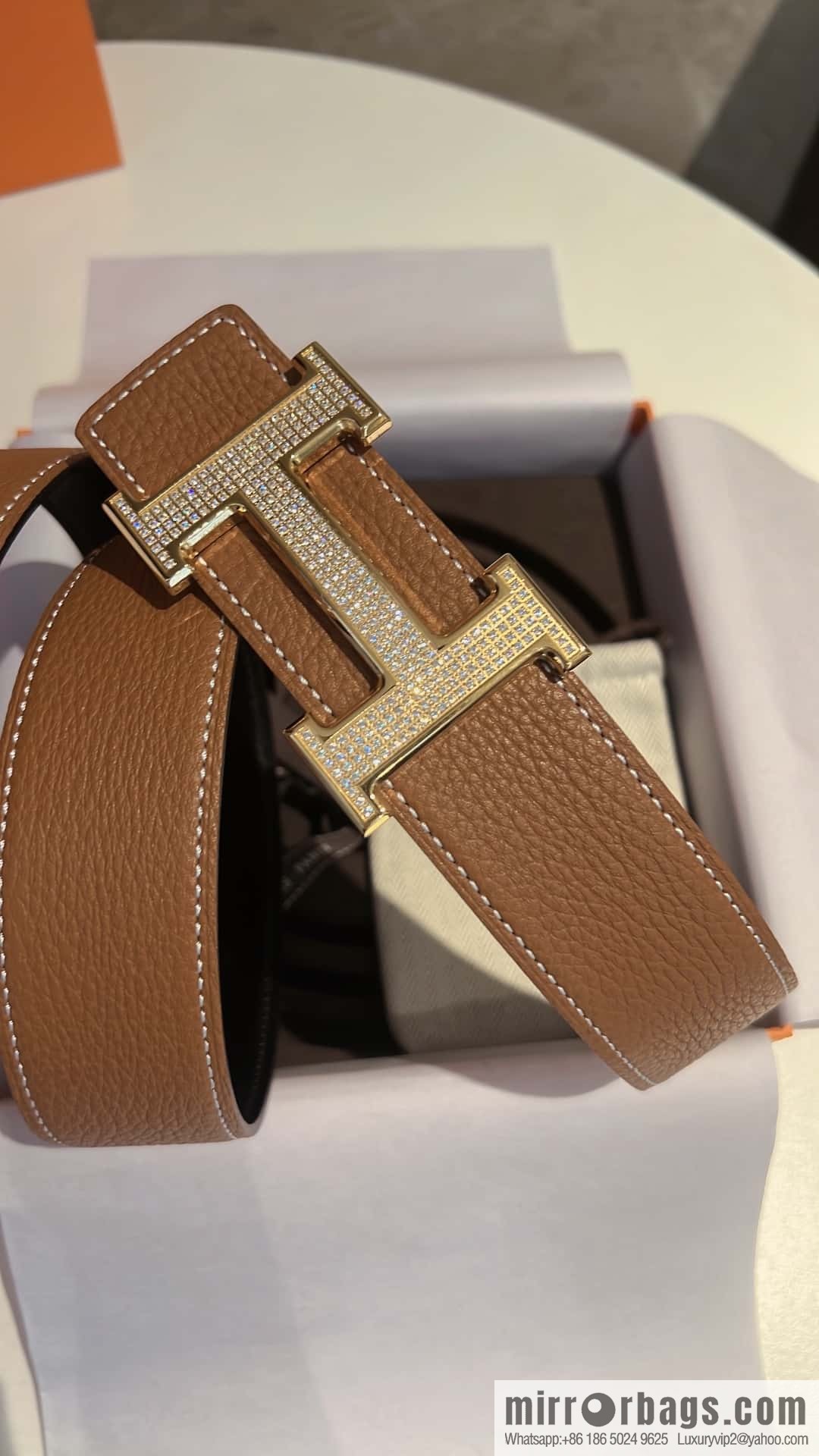 Hermes Hermes, stainless steel inlaid diamond buckle, first layer cowhide lychee texture belt 3.8CM