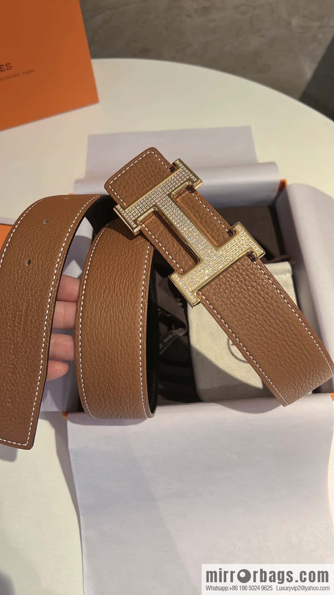Hermes Hermes, stainless steel inlaid diamond buckle, first layer cowhide lychee texture belt 3.8CM